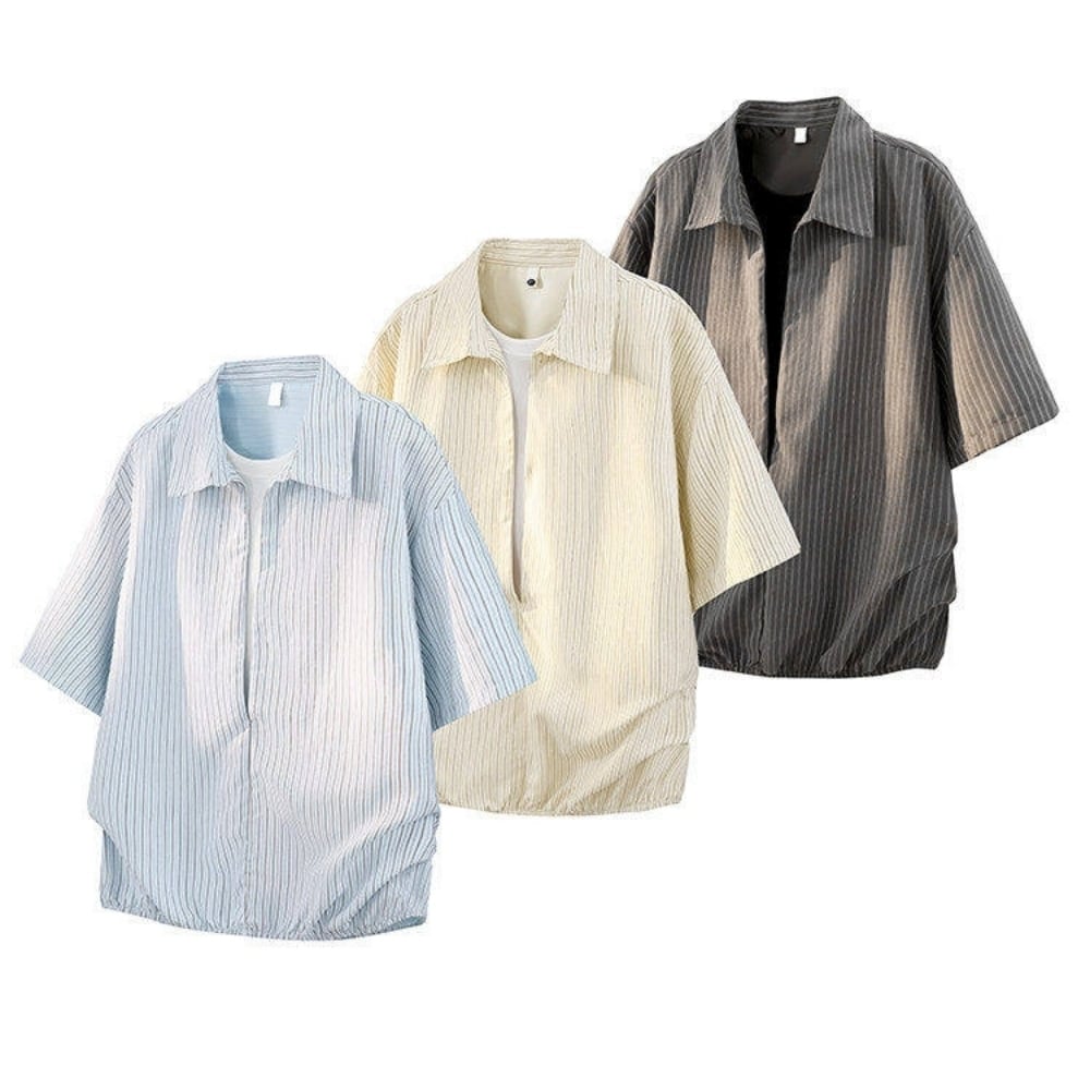 Striped short-sleeve shirt & denim pants D0219