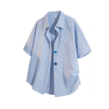 Gingham check shirt & denim pants D0218