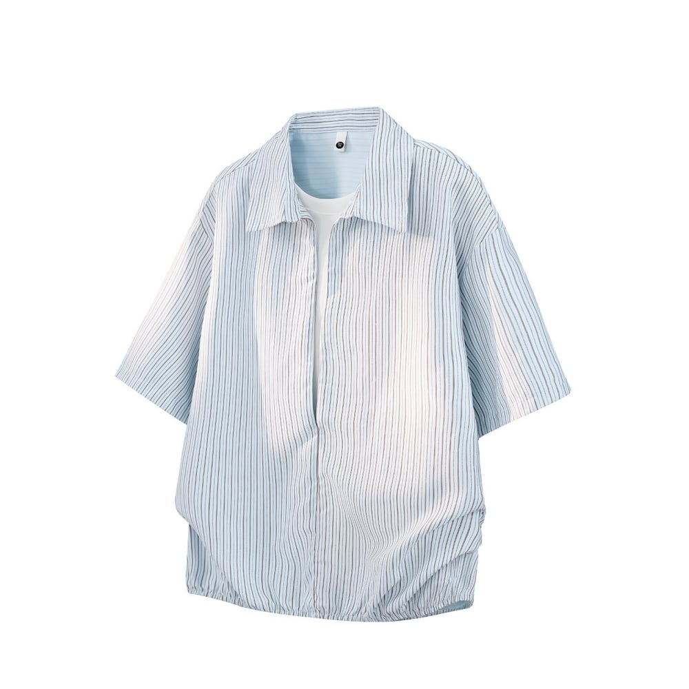 Striped short-sleeve shirt & denim pants D0219