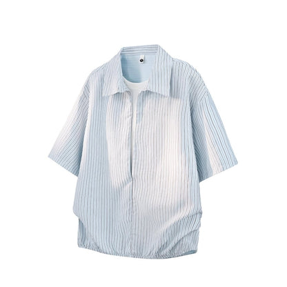Striped short-sleeve shirt & denim pants D0219