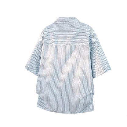 Striped short-sleeve shirt & denim pants D0219