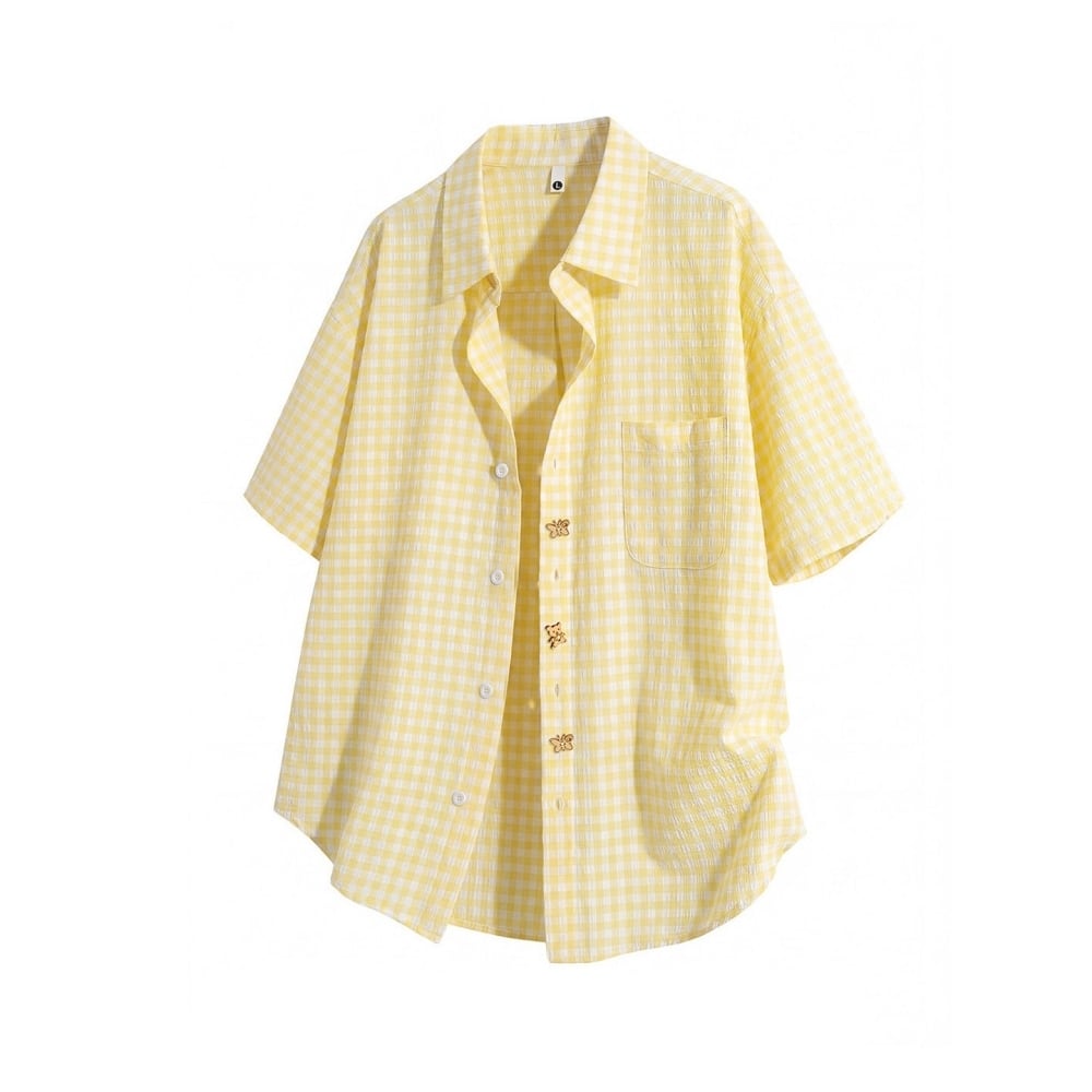 Gingham check shirt & denim pants D0218