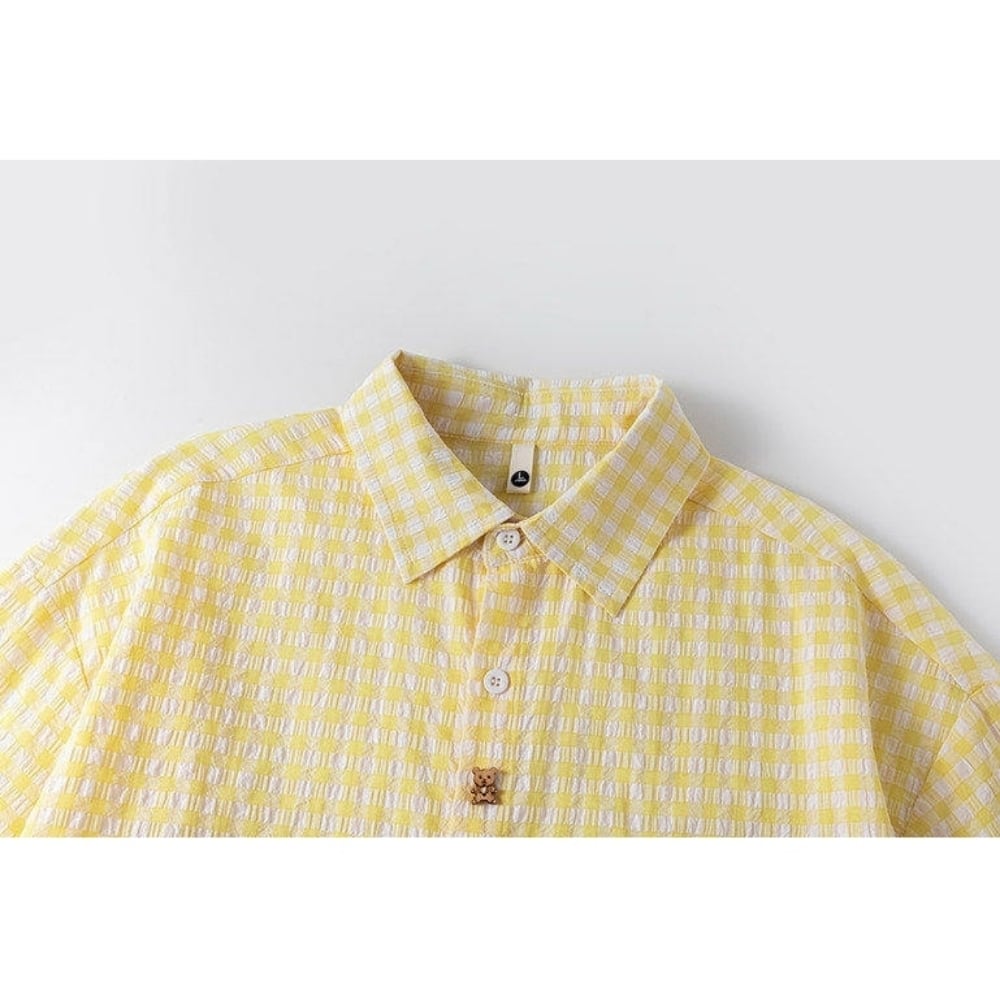 Gingham check shirt & denim pants D0218