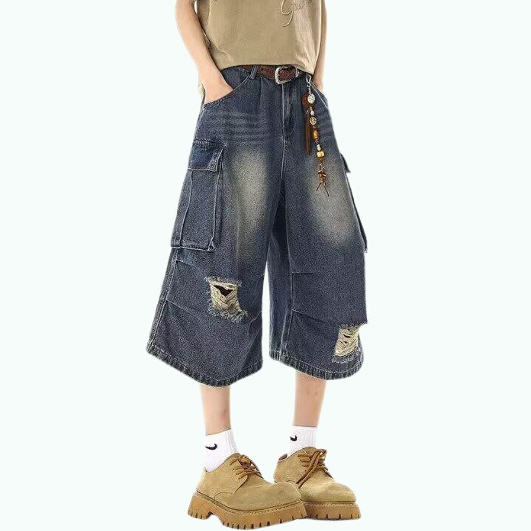 Wide-leg denim capri pants D0228
