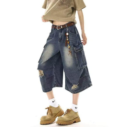 Wide-leg denim capri pants D0228