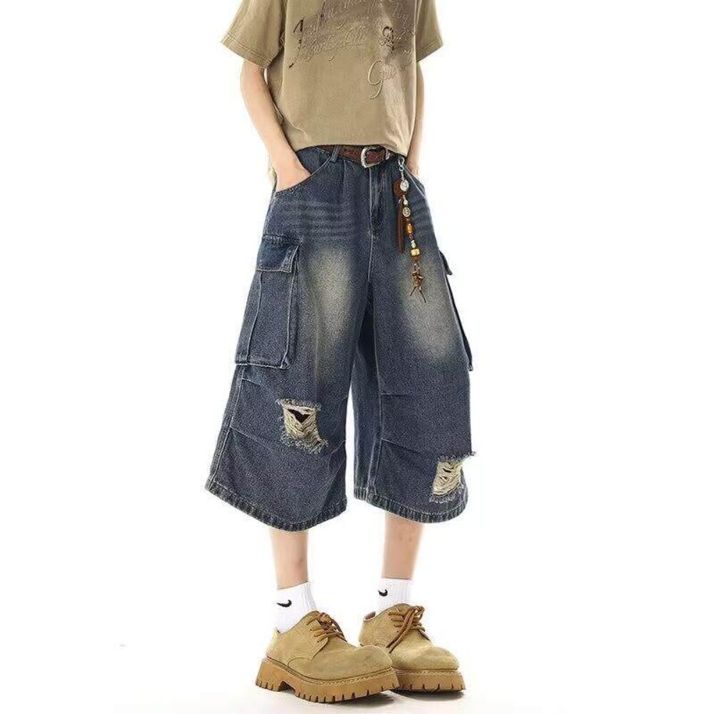 Wide-leg denim capri pants D0228