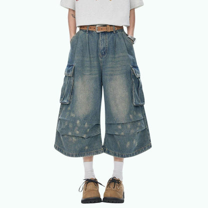 Wide-leg cropped denim pants D0229