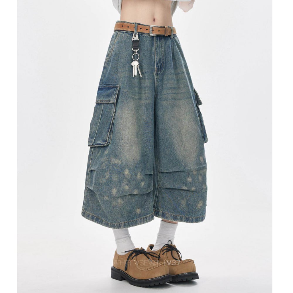 Wide-leg cropped denim pants D0229