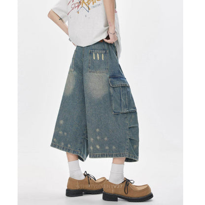 Wide-leg cropped denim pants D0229