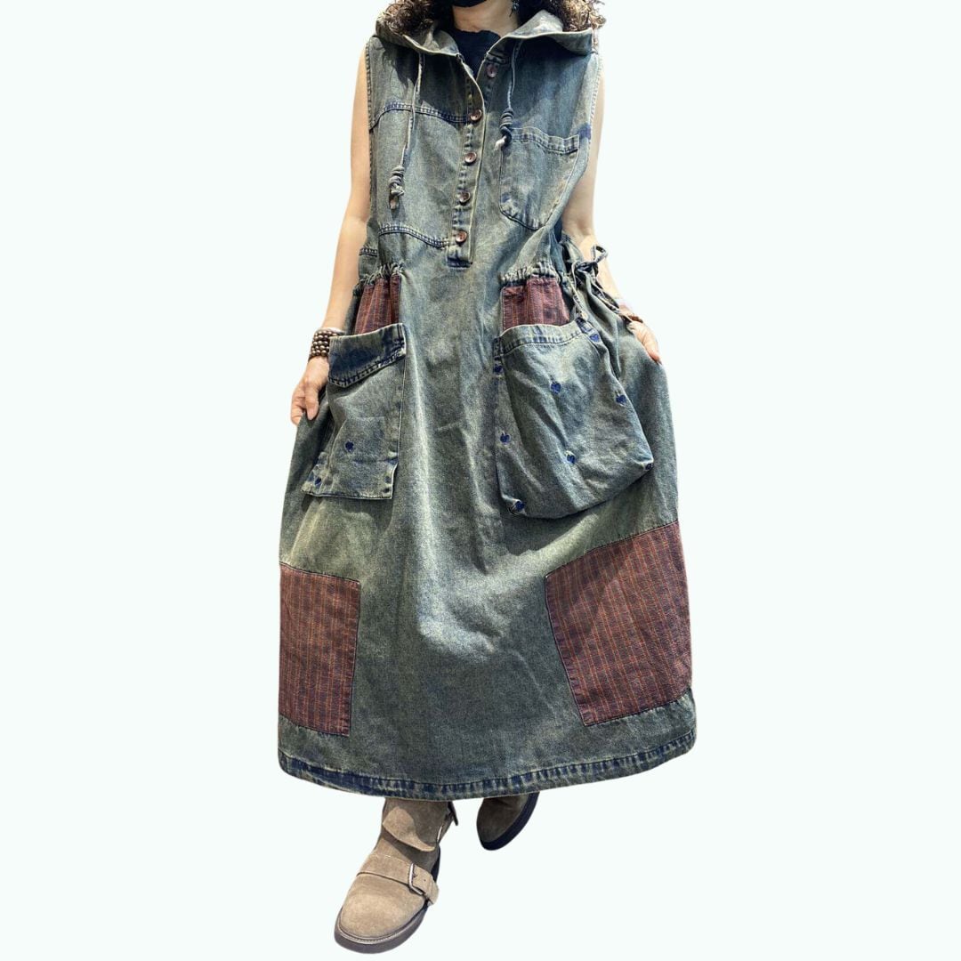 Hooded patchwork denim dress D0241