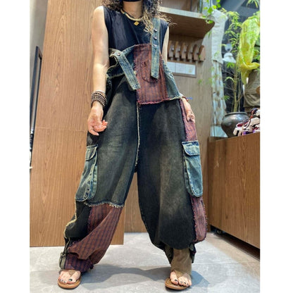 Patchwork denim overalls D0247
