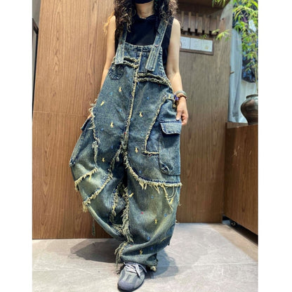 Fringed denim overalls D0248