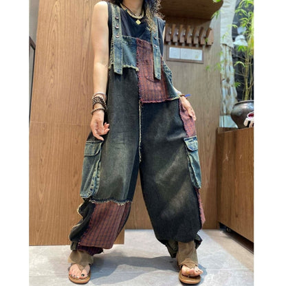 Patchwork denim overalls D0247