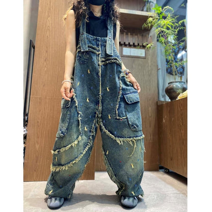 Fringed denim overalls D0248