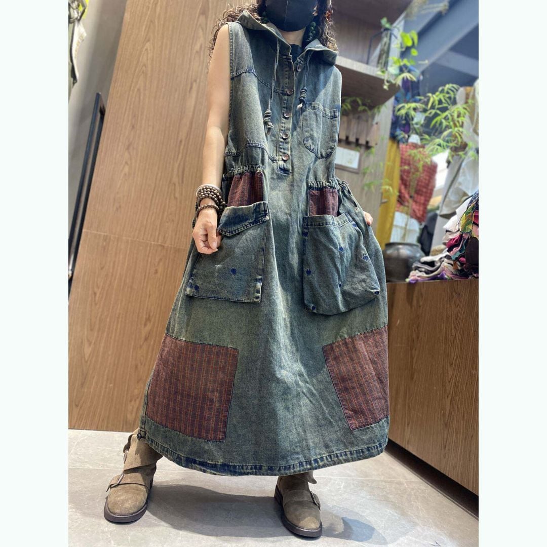 Hooded patchwork denim dress D0241