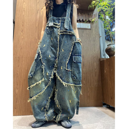 Fringed denim overalls D0248