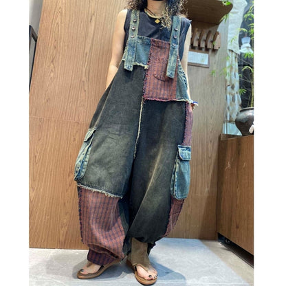 Patchwork denim overalls D0247