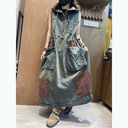Hooded patchwork denim dress D0241