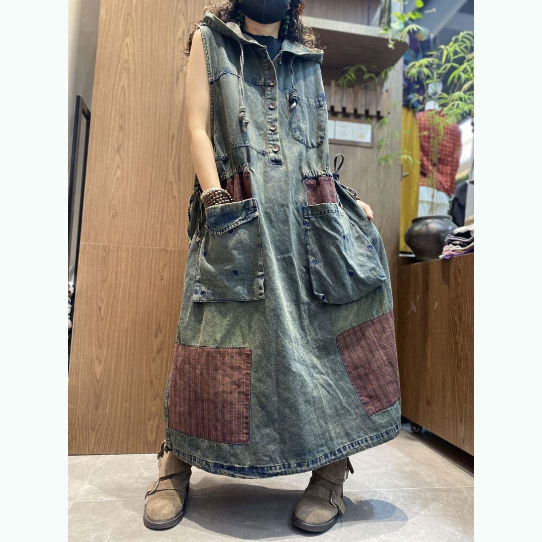 Hooded patchwork denim dress D0241