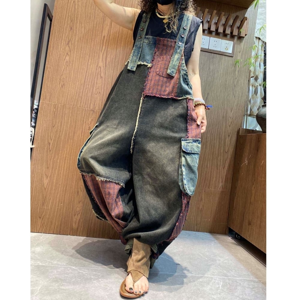 Patchwork denim overalls D0247