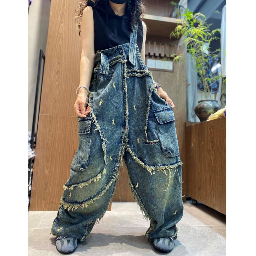 Fringed denim overalls D0248