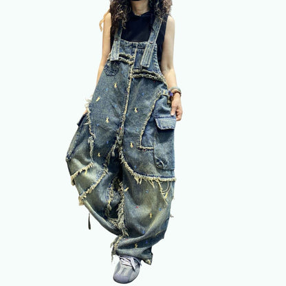 Fringed denim overalls D0248