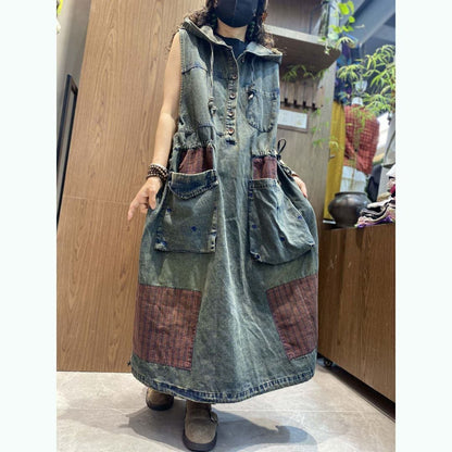 Hooded patchwork denim dress D0241