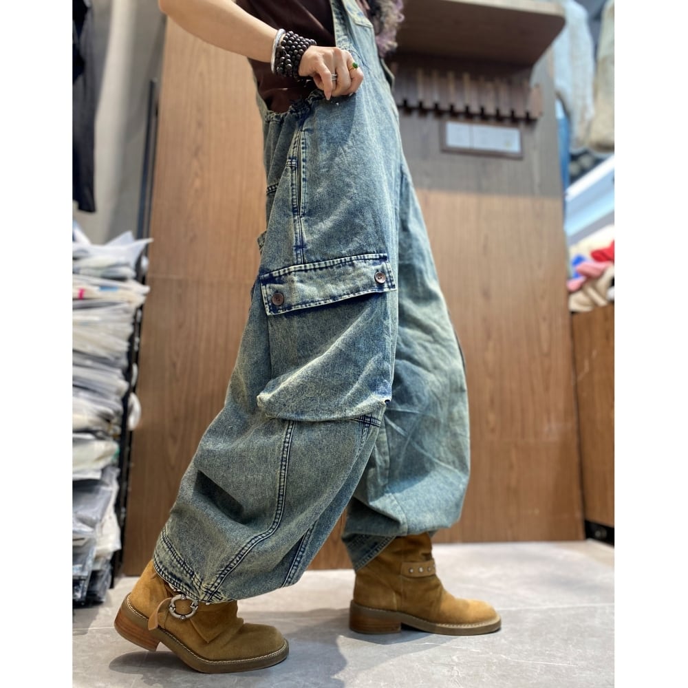 Washed denim overalls D0234