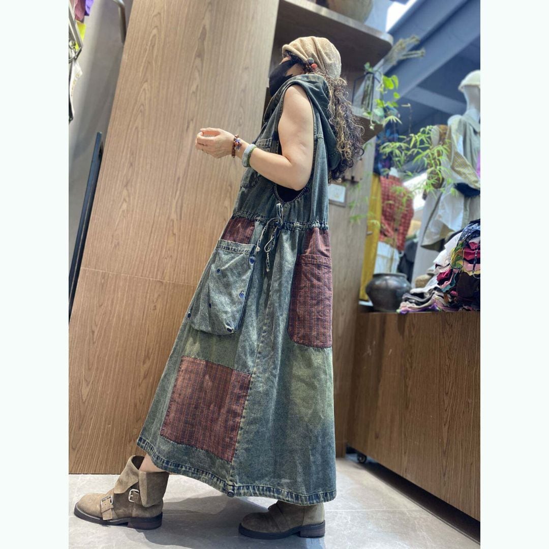 Hooded patchwork denim dress D0241
