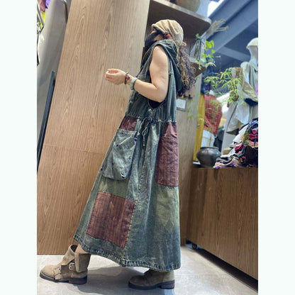Hooded patchwork denim dress D0241