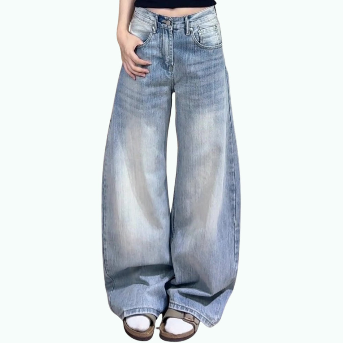 Washed Curved Denim Jeans D0249