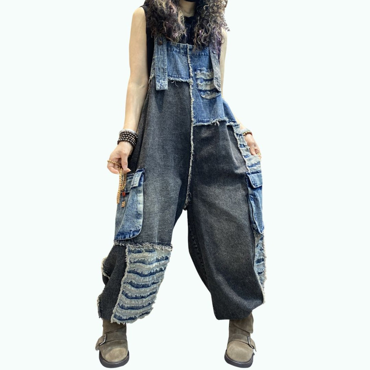 Patchwork denim overalls D0256