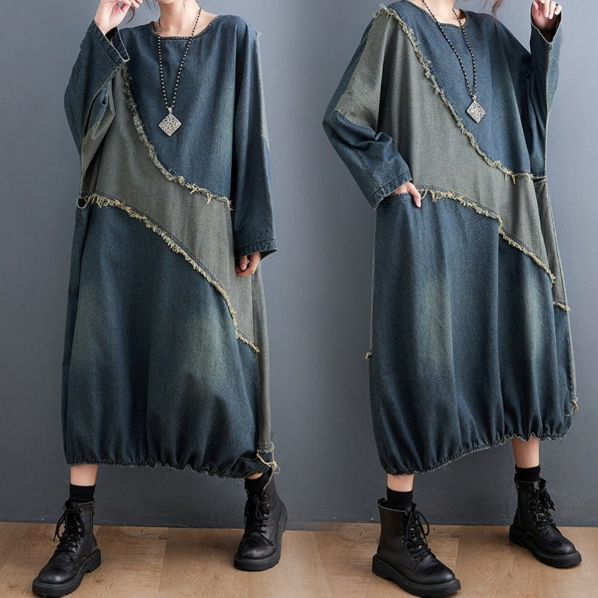 Color-block denim dress D0265