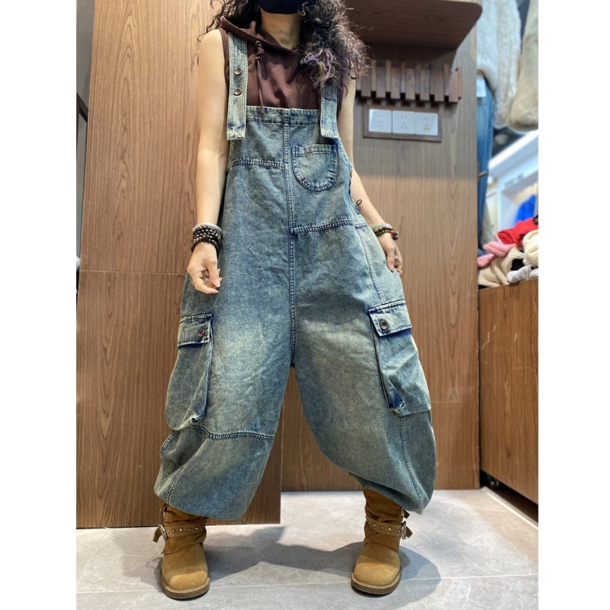 Wide-leg denim overalls D0257