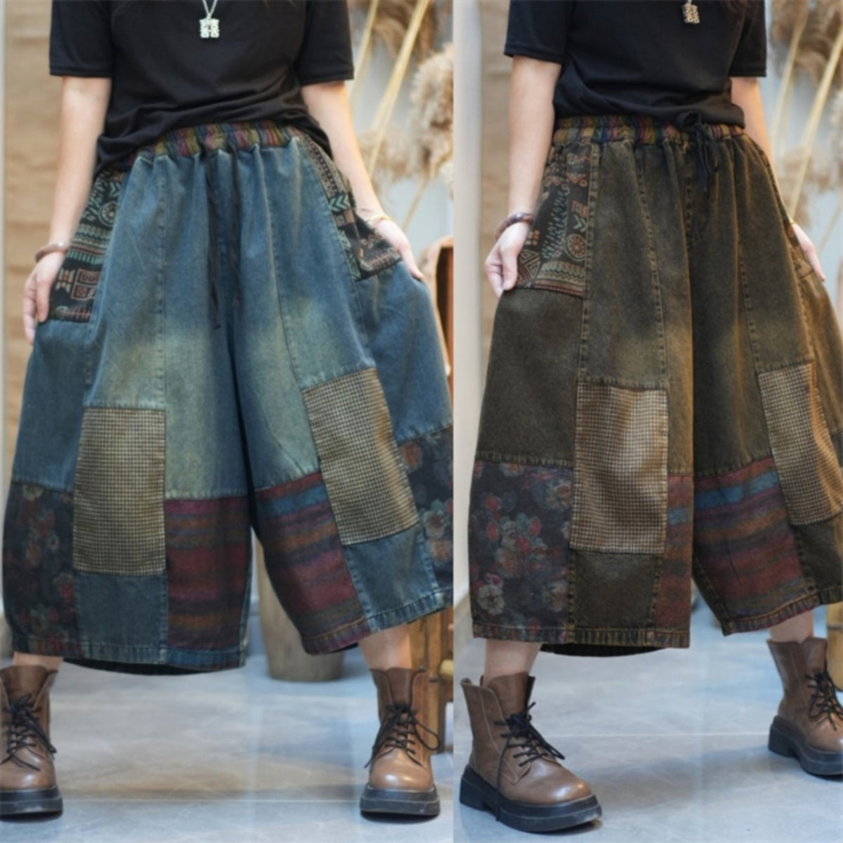 Patchwork Wide-Leg Denim Shorts D0261