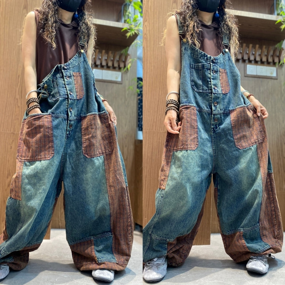Patchwork Wide-Leg Overalls D0258