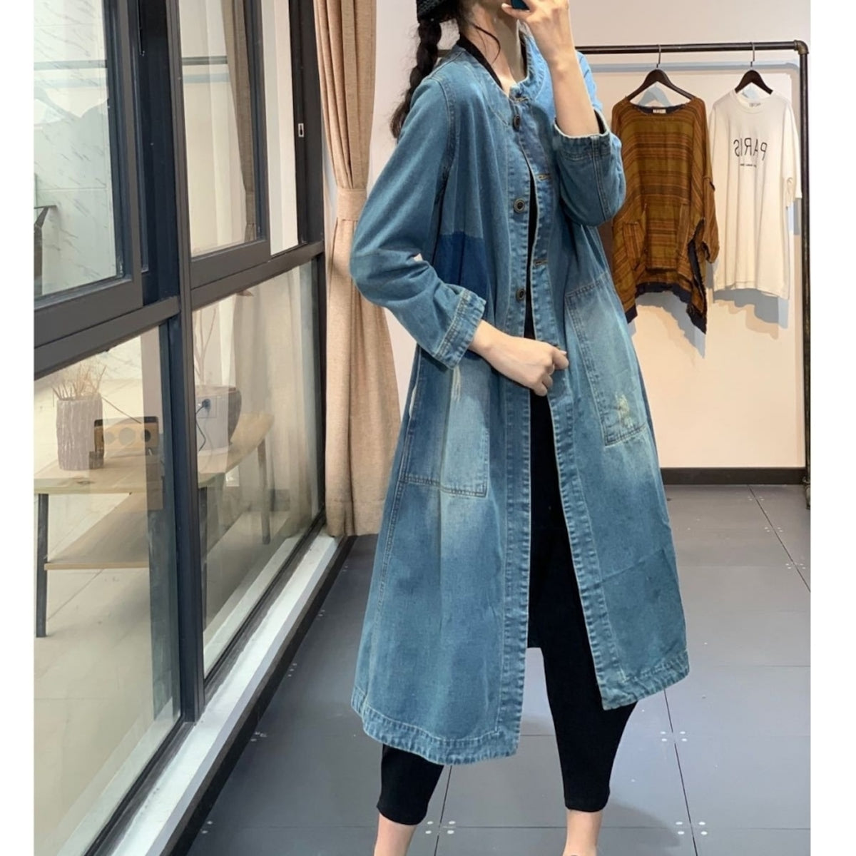 Collarless midi denim coat D0263
