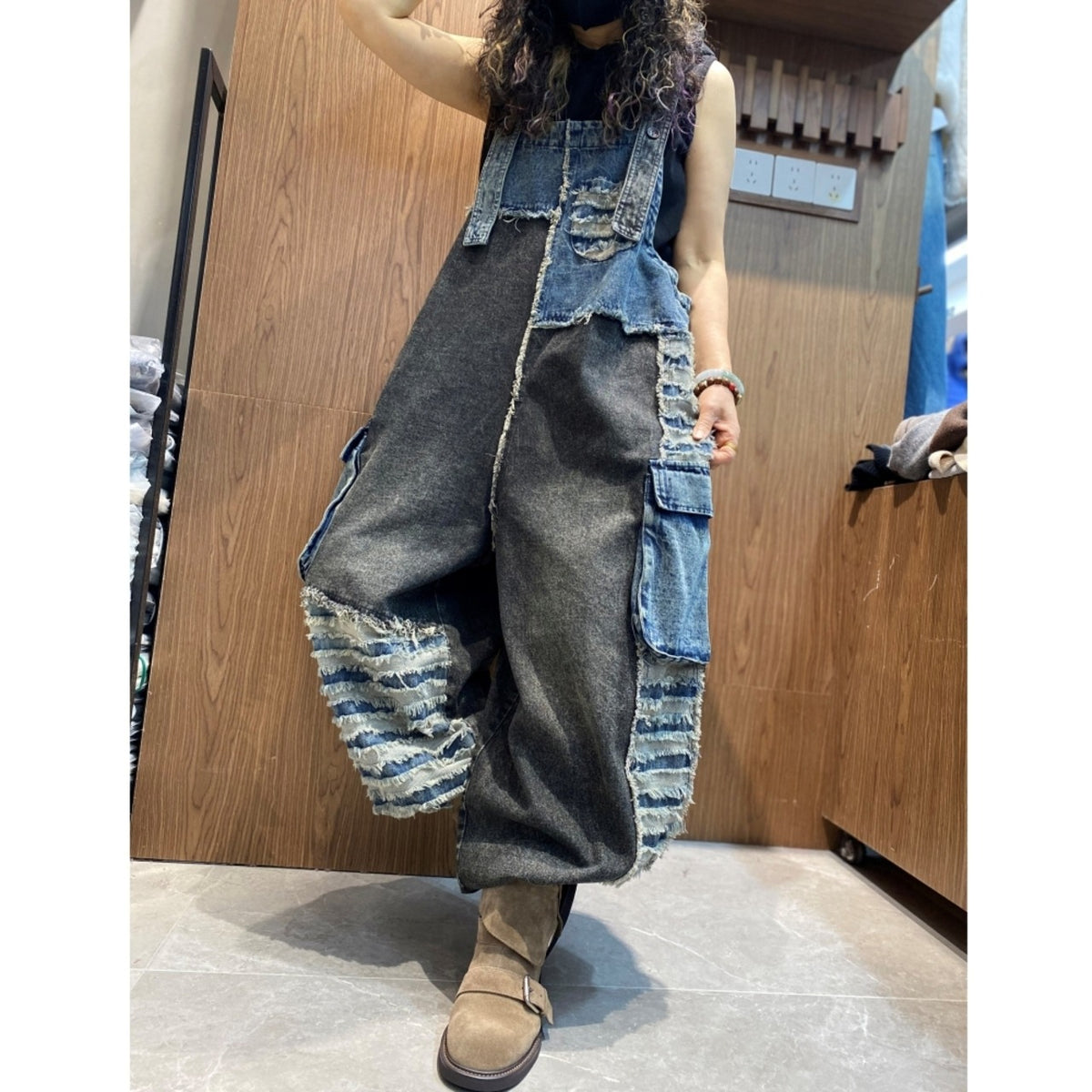 Patchwork denim overalls D0256