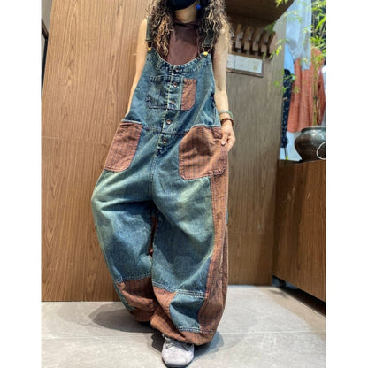 Patchwork Wide-Leg Overalls D0258