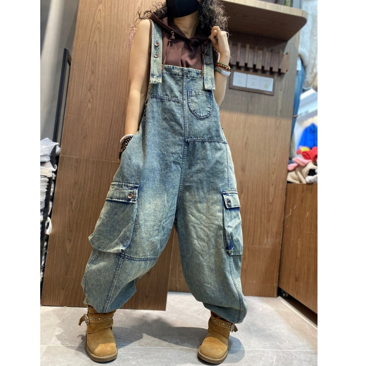 Wide-leg denim overalls D0257
