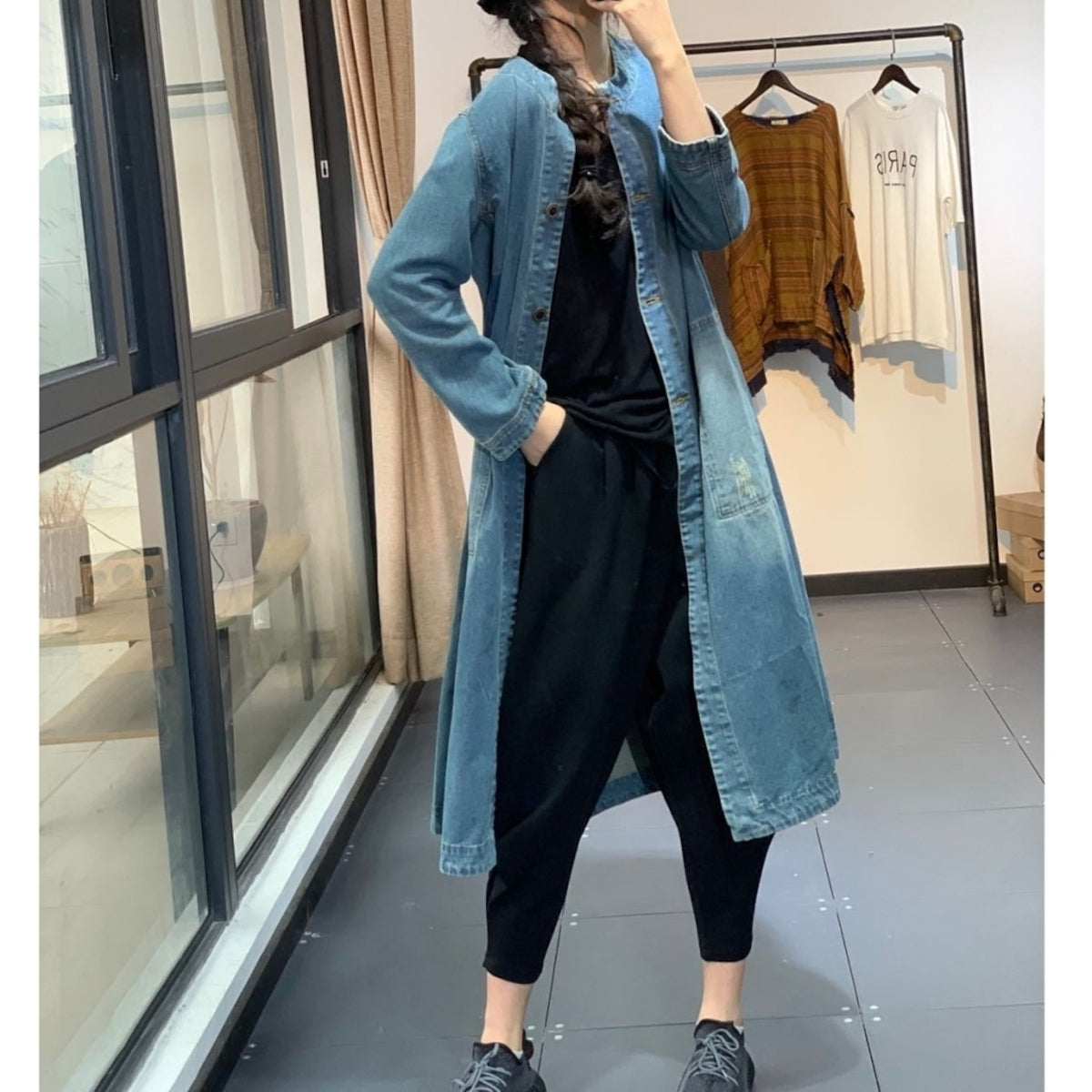Collarless midi denim coat D0263