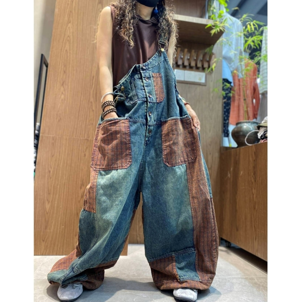 Patchwork Wide-Leg Overalls D0258