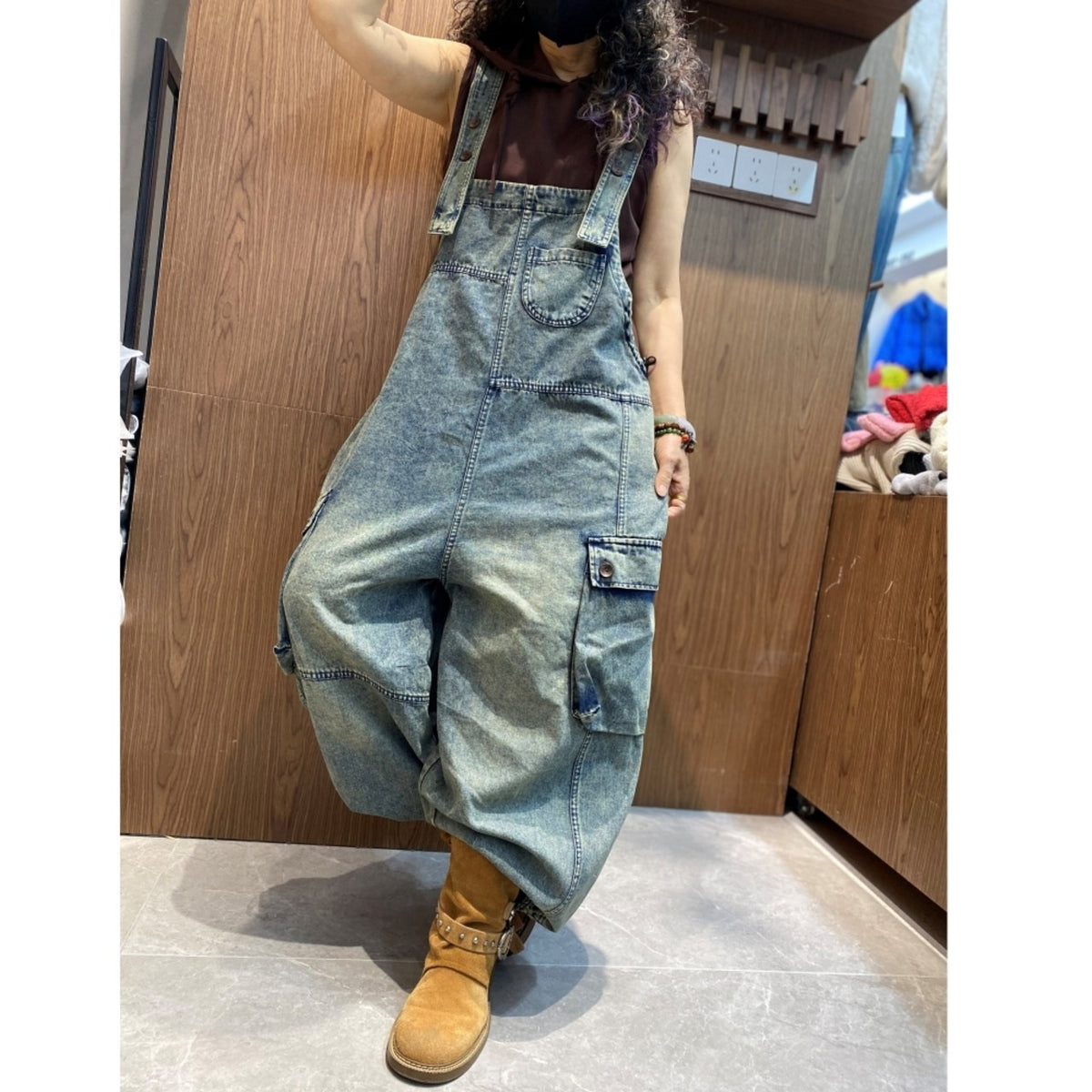 Wide-leg denim overalls D0257