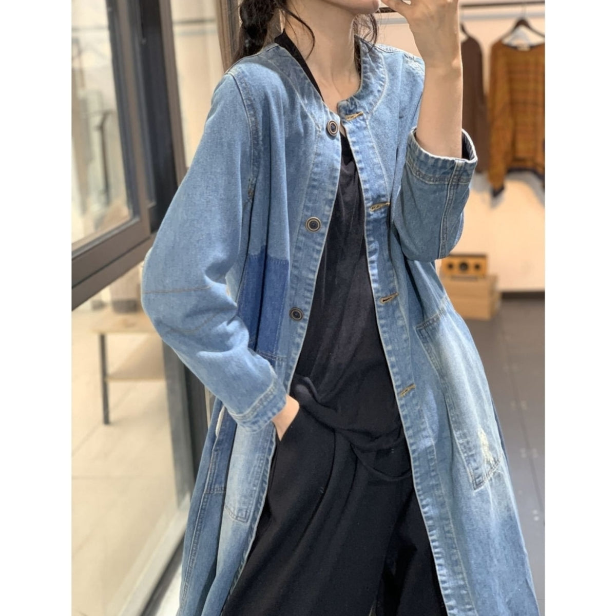 Collarless midi denim coat D0263