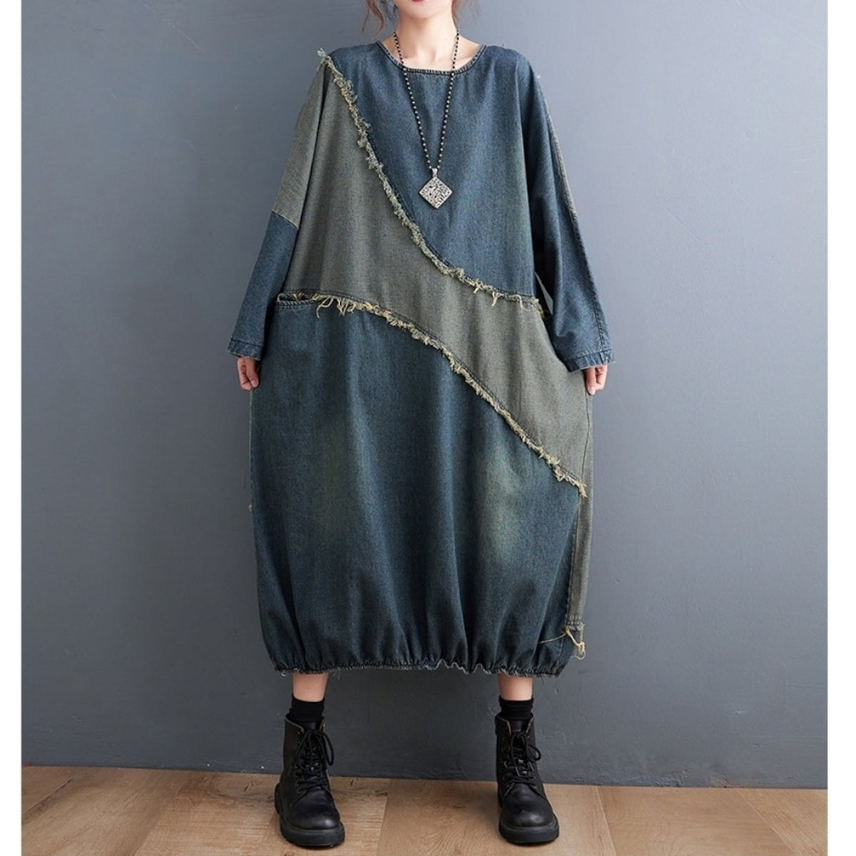 Color-block denim dress D0265