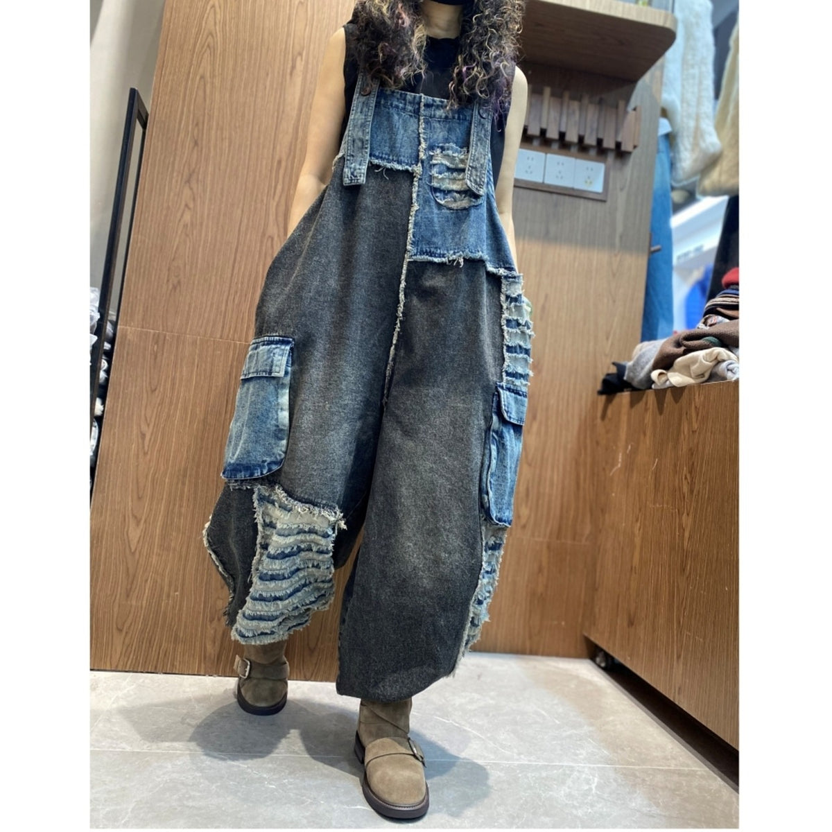 Patchwork denim overalls D0256