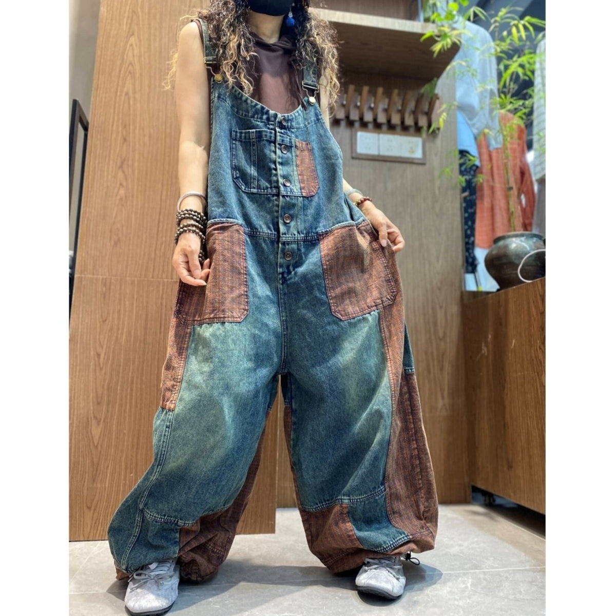 Patchwork Wide-Leg Overalls D0258