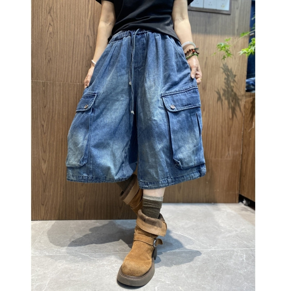 Washed denim shorts D0260