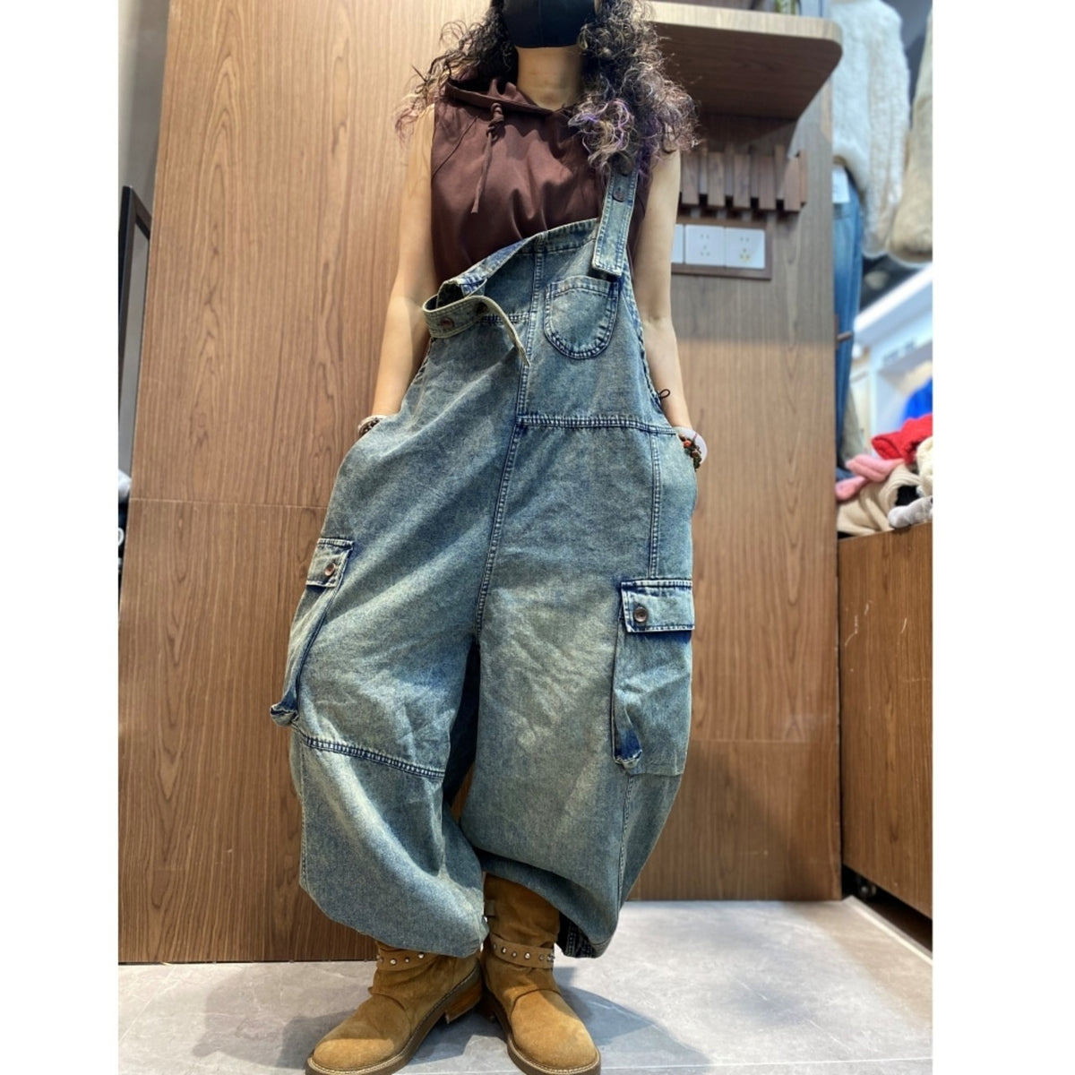 Wide-leg denim overalls D0257
