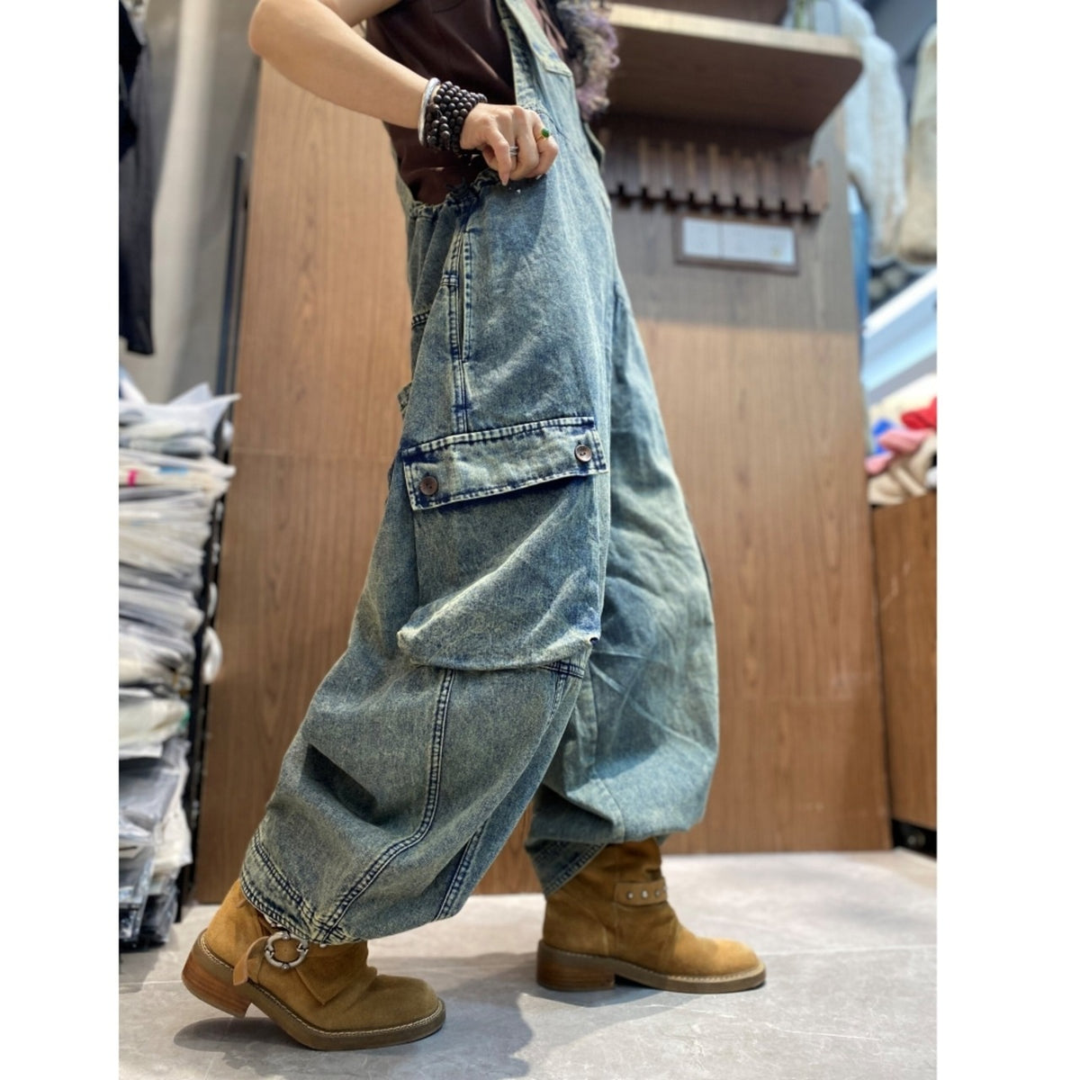 Wide-leg denim overalls D0257